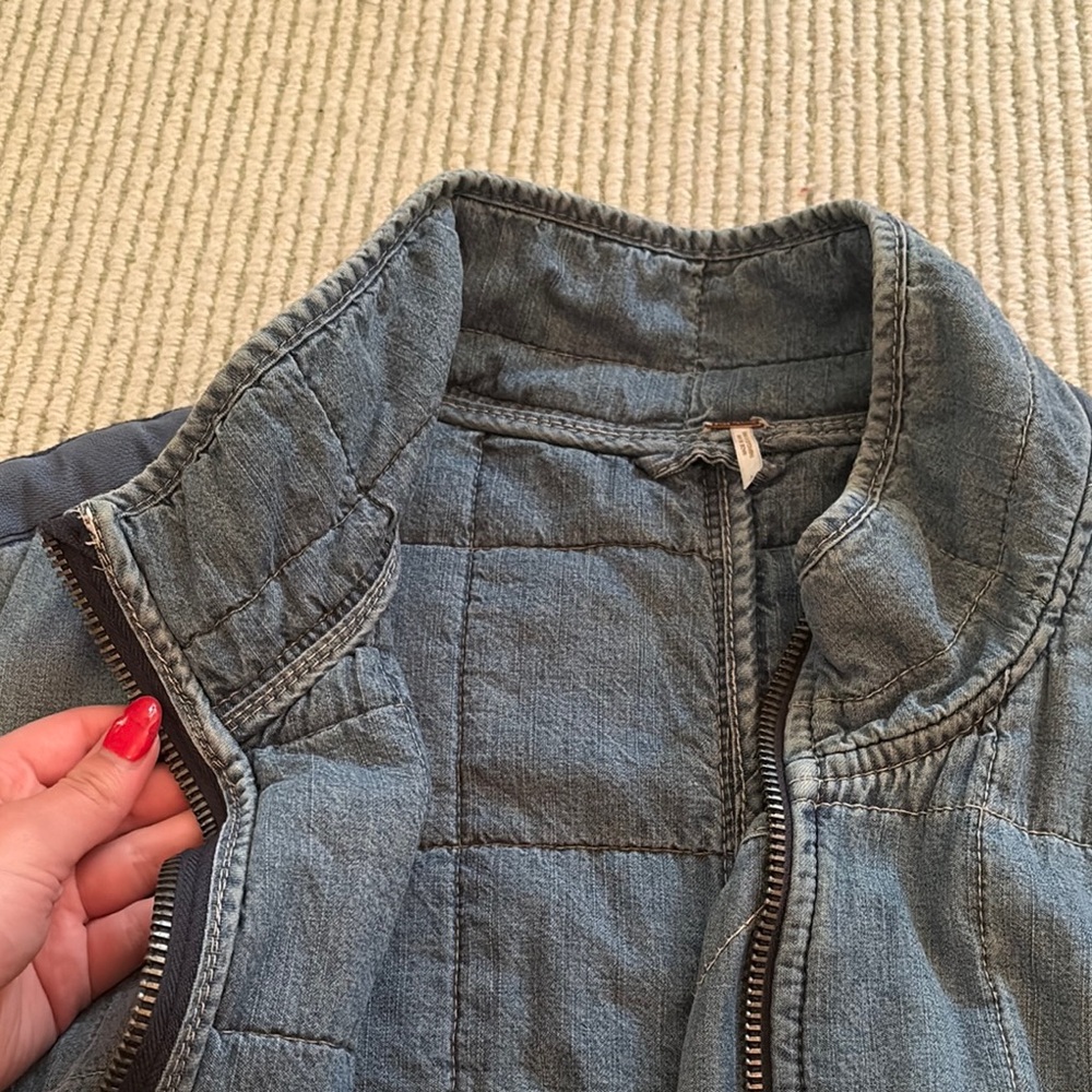 Free People Quilted Denim Blue Jean Jacket with Navy Trim - Picture 6 of 7